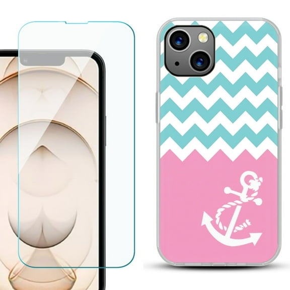 Slim-Fit Flexible TPU Gel Phone Case for iPhone 13, with Tempered Glass Screen Protector, by OneToughShield ® - Chevron/Anchor