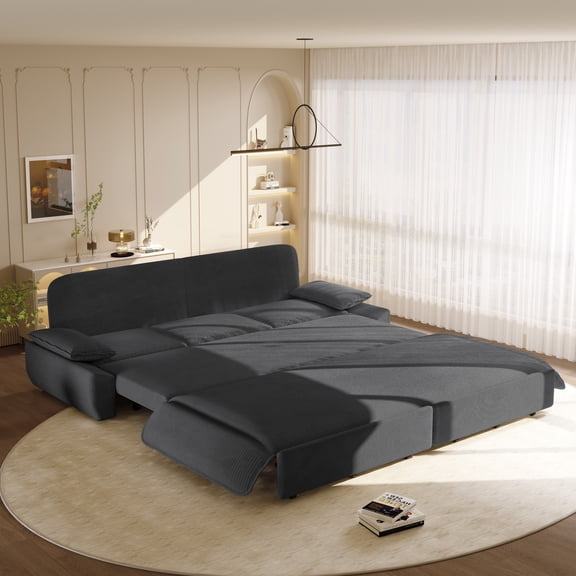 LLappuil 95" Pull Out Sofa Bed Queen Size, Oversized Corduroy Loveseat Sofa Couch Convertible Sofa Bed for Living Room Gray
