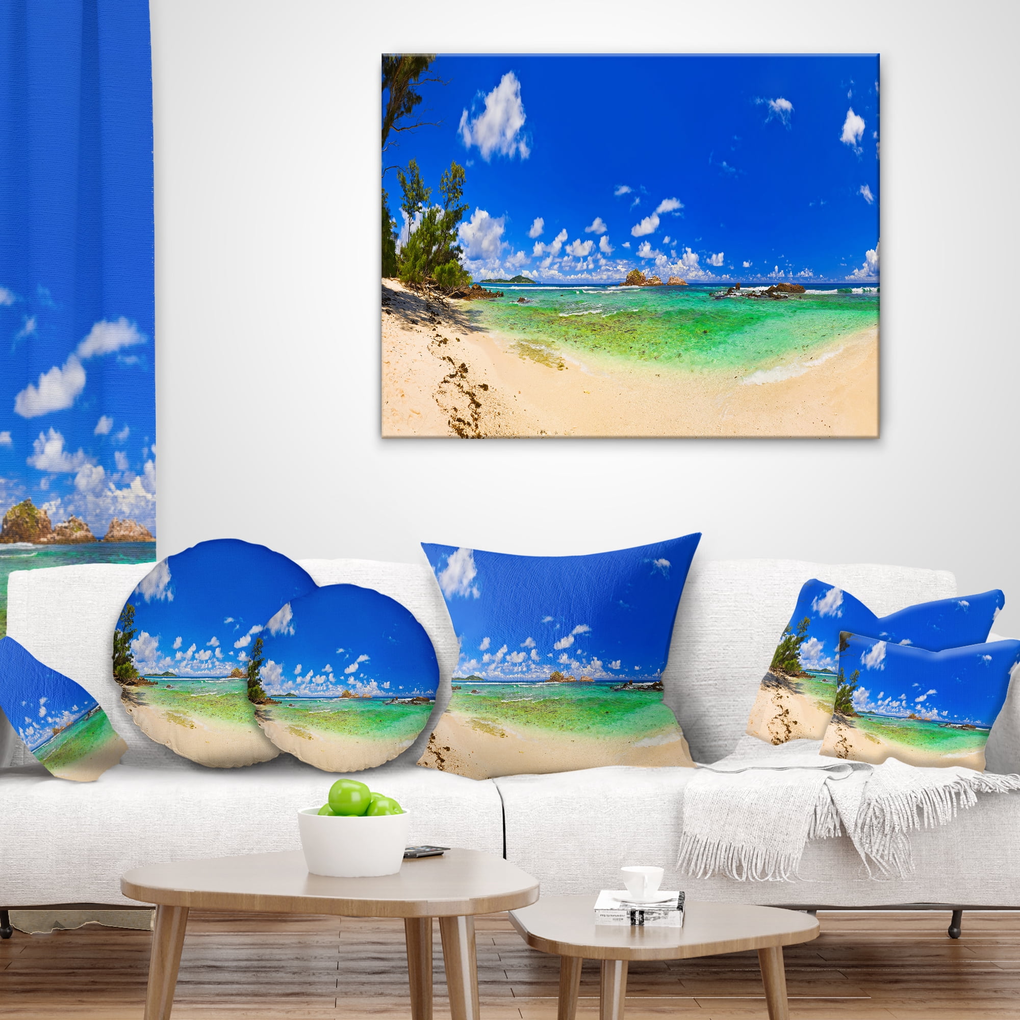 Designart Tropical Beach with Green Sea - Landscape Photography Throw Pillow - 18x18