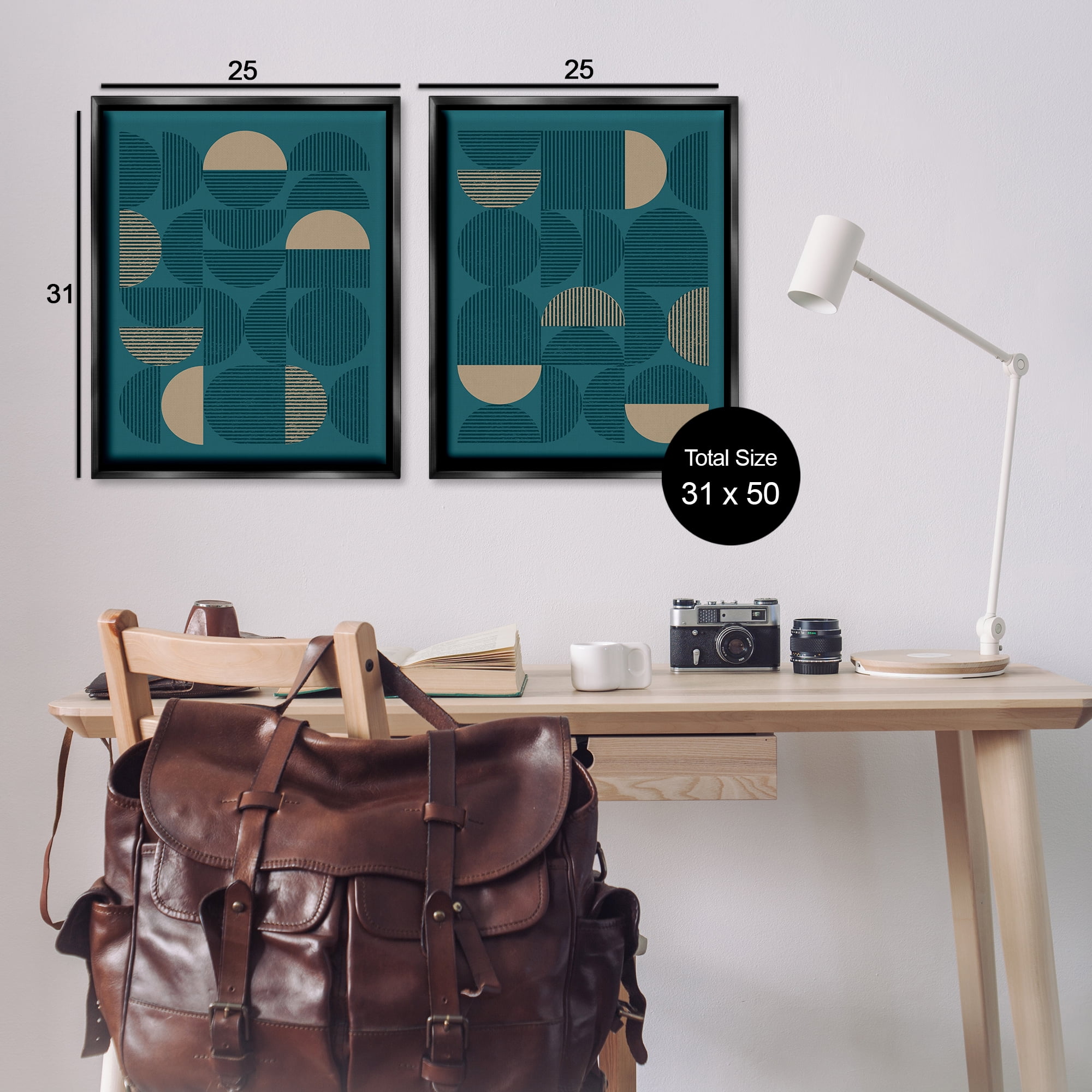 Stupell Industries Minimalist Teal Geometric Abstract Painting Black Floater Framed Canvas Art Print Wall Art, 31 x 25, Set of 2