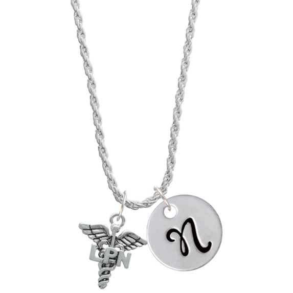 Delight Jewelry Silvertone Caduceus - LPN Silvertone Script Initial Disc - N - Charm Necklace, 20"+3"