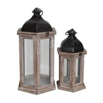 Hexagonal Lantern with Black Metal Top - Set of 2