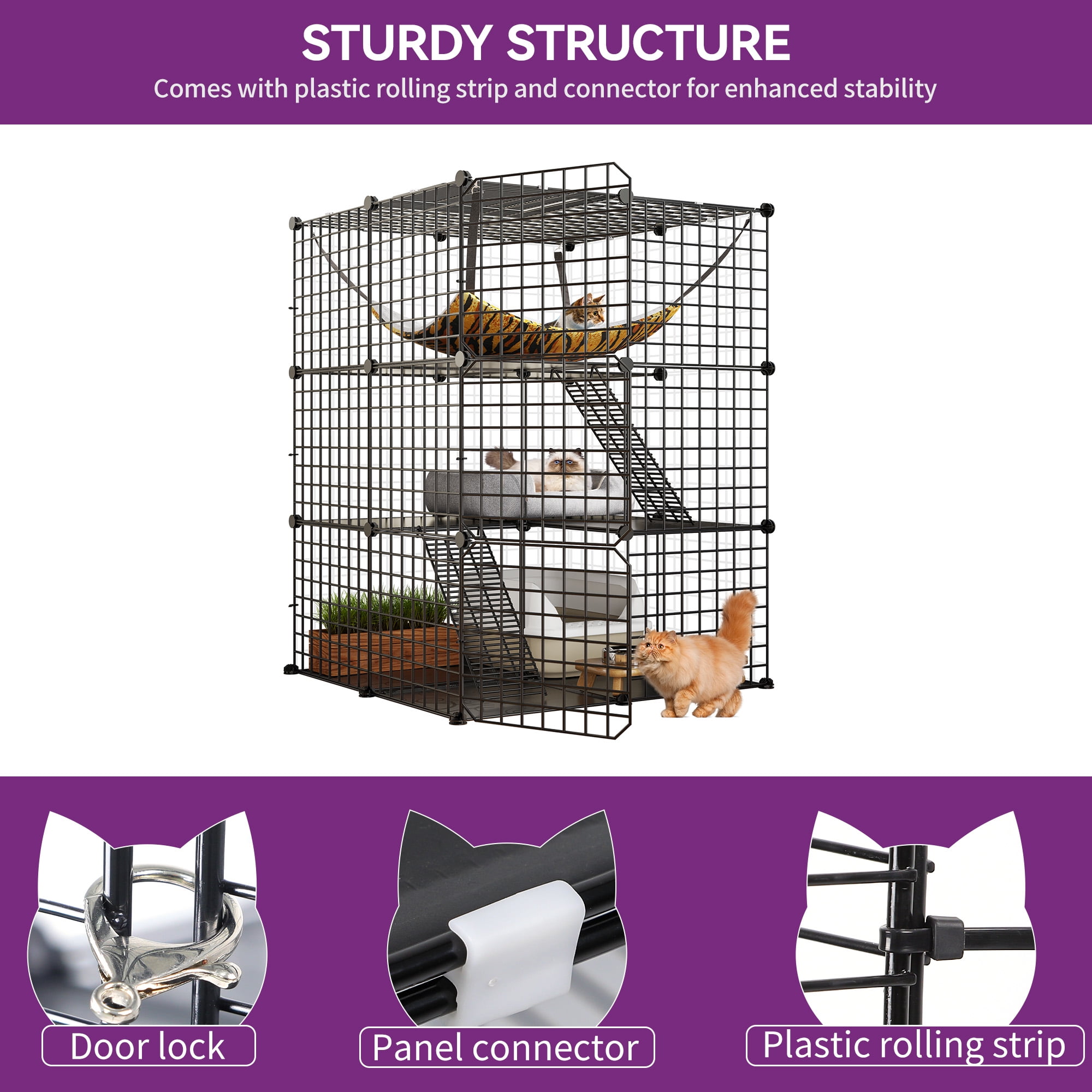 Uforic Indoor Cat Cage 3 Tiers - DIY Cat Enclosures Metal Playpen with Extra Large Hammock, and Sturdy Design(28"L x 28"W x 41"H)