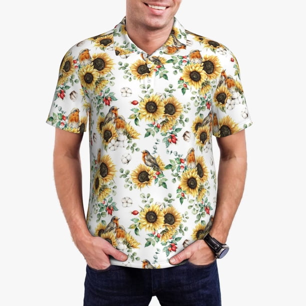 Balery Sunflowers Leaves And Birds Camisa Polo de Hombre con Estampado, de Manga Corta y Tejido Medio, Camisa Tipo Golf Polo-4X-Large