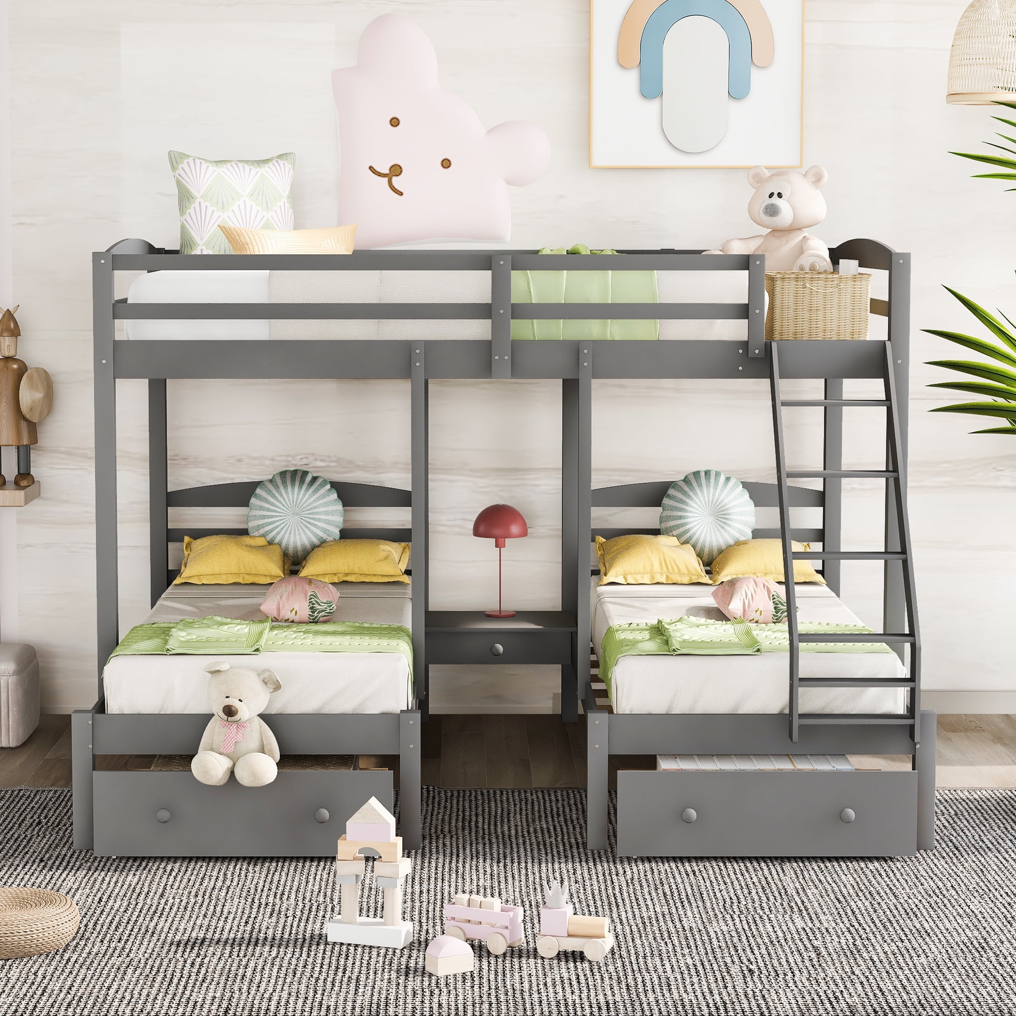 Euroco Wood Storage Bunk Bed, Full over Twin & Twin for Kids Teens Bedroom, 3-in-1 Bunk with 2 Drawers, Gray