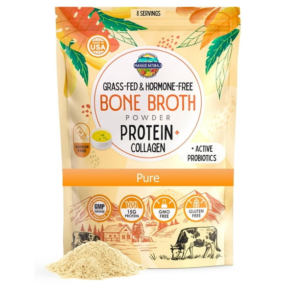 Paradise Naturals 100% Grass-Fed Organic Beef Bone Broth Protein Powder, Active Probiotics, Collagen Peptide Rich, 15g Protein, Non-GMO, Low Sodium, Healthy Skin, Gut Health, Paleo Keto, No Gluten