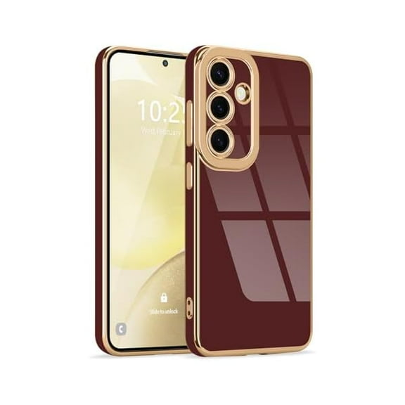 for Samsung Galaxy S25 Case Cute, Luxury Gold Edge Plating Case for Women Girls Bling Silicone Shockproof Camera Protection Soft TPU Bumper Cover Phone Case for Samsung S25, Burgundy