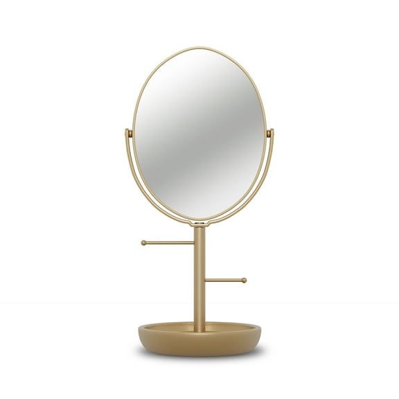 Beautiful Gold Vanity Mirror w/ Storage, Floral Design by Drew Barrymore – 1X Magnification, Space-Saving, Vintage-Inspired