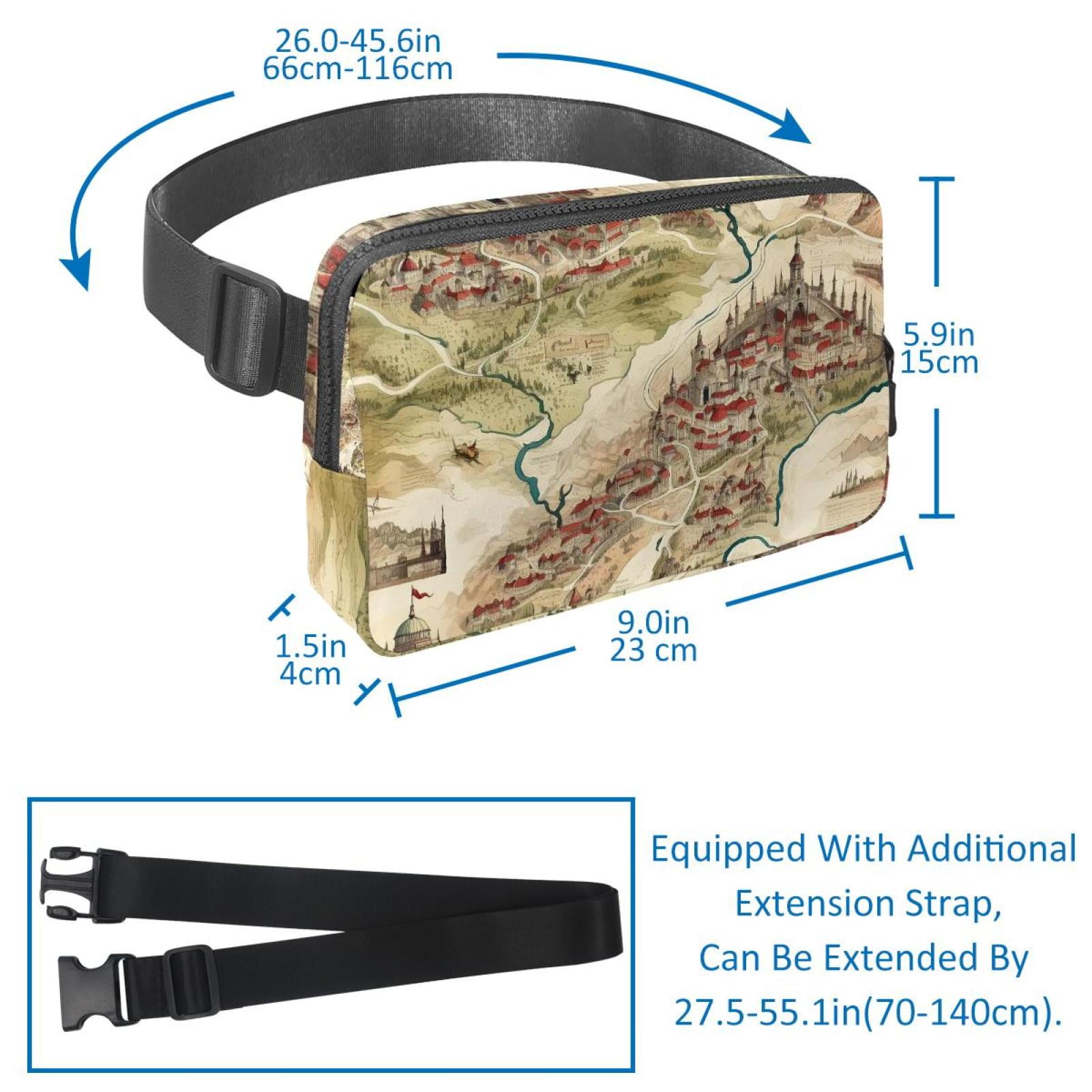 Map section Lightweight Adjustable Sling Bag with Extension Strap - Unisex Waist Packs Waist Bags