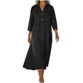 thumbnail image 2 of CFLVAEK Cotton Linen Dresses Women Plus Size 3/4 Sleeve Sundress with Pockets Button V Neck Pleated Midi Dress for Summer Beach Vacation Black M, 2 of 6