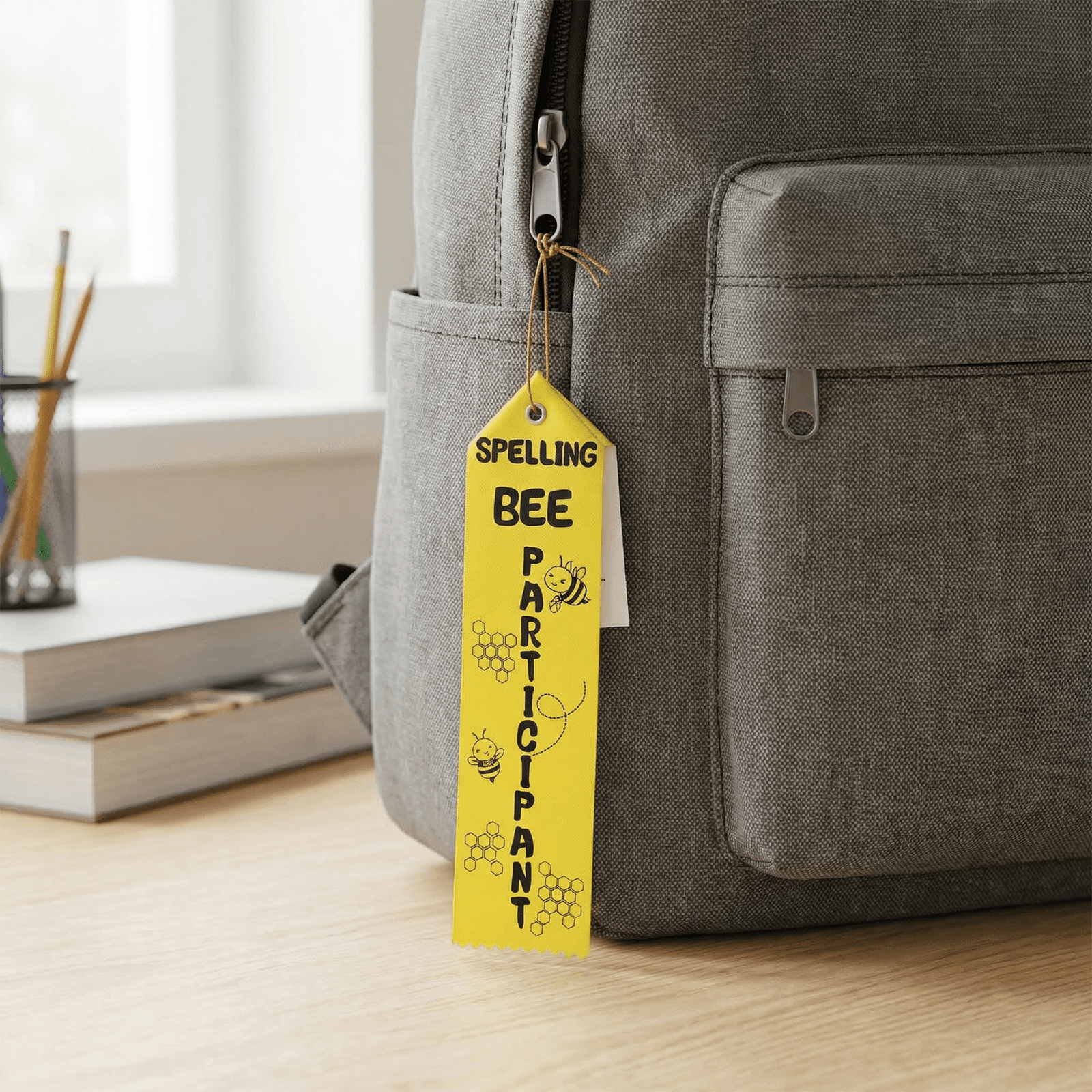 100Pcs Spelling Contest Reward Ribbons, Yellow Bee Theme with Matching Cards and Lanyards, Cute Eye-Catching Participant Ribbons for Contest Rewards Display and Gifting