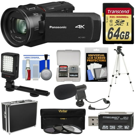 - Panasonic HC-VX1 Wi-Fi 4K Ultra HD Video Camera Camcorder with 64GB Card + Hard Case + 3 UV/CPL/ND8 Filters + Tripod + LED Light + Microphone + Kit