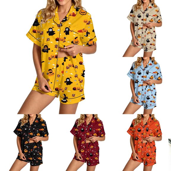 jiaxiM Halloween Pajama Set Women, Halloween Pjs Women, Pumpkin Graphic Summer Pajama Set, Loose Fit Short Top And Shorts Set, Soft Loungewear Sleepwear for Daily Use