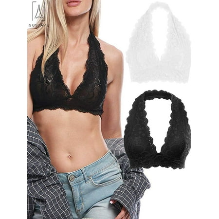 

Gustave Women s Halter Lace Bralette Top Unpadded Crop Back Wirefree Lace Lingerie Bra Black M