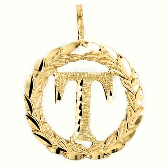 Precious Stars 14K Yellow Gold Round Wreath Unisex Initial Letter 'T' Pendant - No Chain, Pendant Only