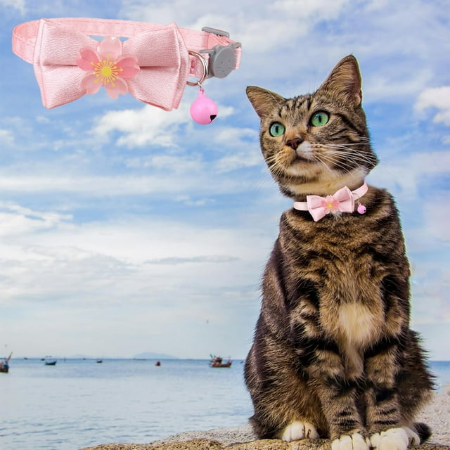 LSLJS Collier pour Animaux de Compagnie Rose Dentelle Nœud Perlé Collier pour Chats Clochettes Collier pour Animaux Fleur Doux Réglable Collier pour Chats