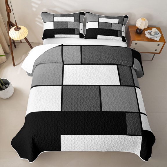 Erosebridal Gray Abstract Block Twin Quilt Set for Women Men, Rectangular Buffalo Print Twin Coverlet Set, 2-Piece