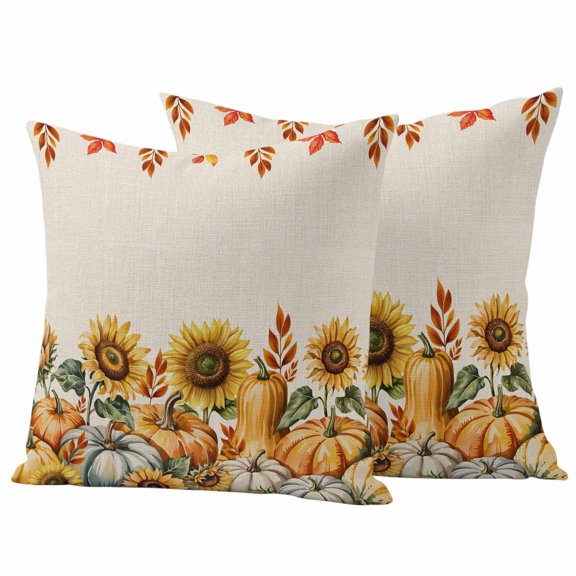 Pumpkin Sunflower Fall Outdoor Waterproof Pillow Covers, Thanksgiving Botanical Leaves Beige Decorative Square Throw Pillowcase Sofa Cushion Sham for Patio/Couch/Chair, 16"x16" 2 Pack