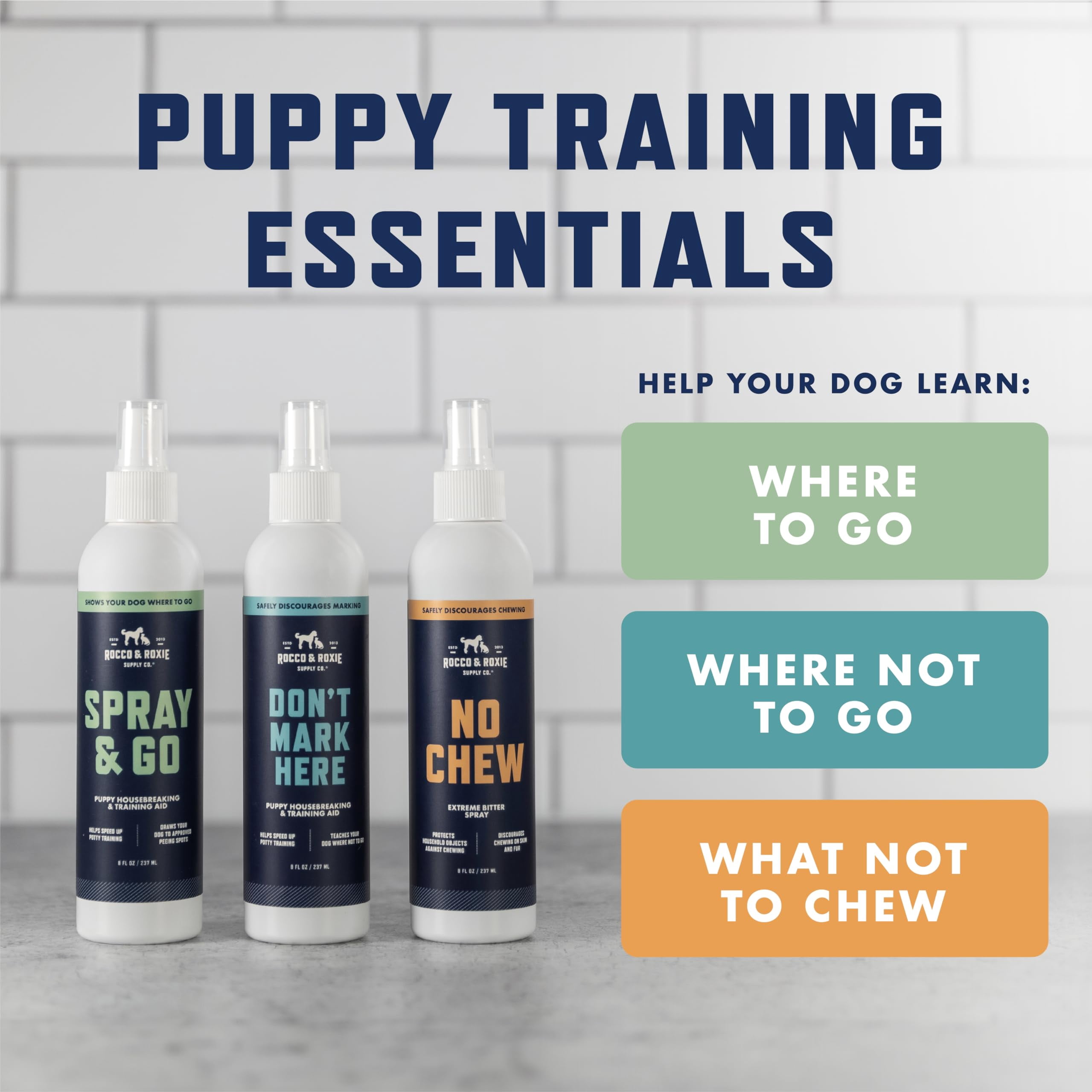(3 pack) Rocco & Roxie No Chew Spray for Dogs, Bitter Dog Training Aid, Alcohol-Free Puppy Deterrent Formula with Calming Copaiba Oil, Safe Anti-Chew Solution for Skin, Furniture, Wounds & Plants - 8 oz