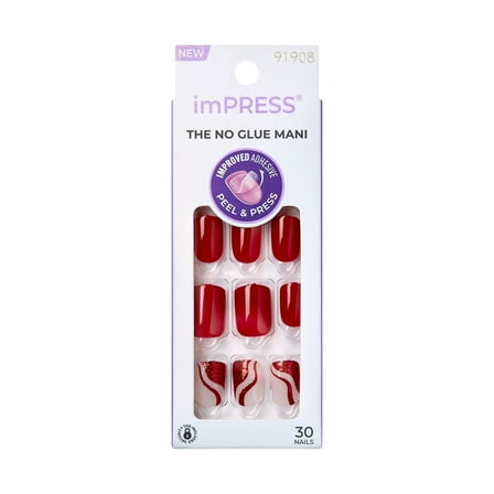 KISS imPRESS Design  Press on Nails, Endlessly, Red, Short Squoval, 30 Count