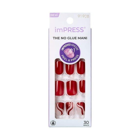 KISS imPRESS Design  Press on Nails, Endlessly, Red, Short Squoval, 30 Count