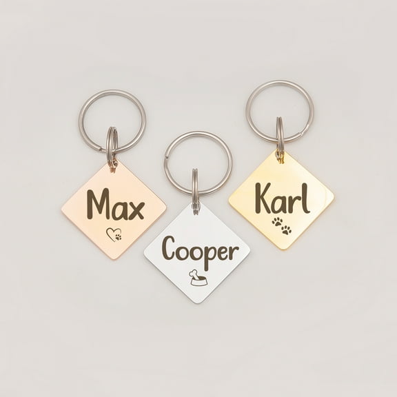 Personalized Diamond Pet ID Dog Tags - Engravable Stainless Steel Dog Tags for Collars - Custom Pet Dog Cat Name Emergency Contact Tags - Metal Nameplate Pet Accessories [Gold]