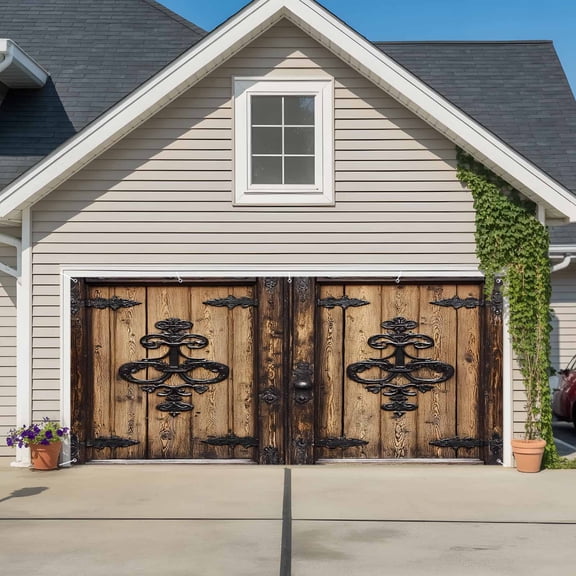 Barn Door Garage Door Cover Banner 7 x 16 FT, Farmhouse Wooden Grain Rustic Tribal Pattern Garage Door Curtains Backdrop with Grommets for Indoor Outdoor Wall Party Porch Yard Decorations Background