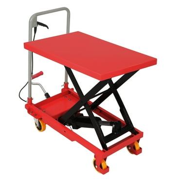 Hydraulic lift truck with load capacity of 500lbs and lifting height of 28.5 inches, red