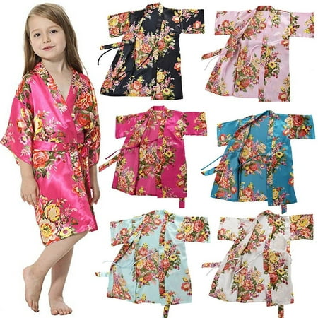New Silk Satin Flower Girls Dress Children Kimono Robe Kids Nightwear Gown