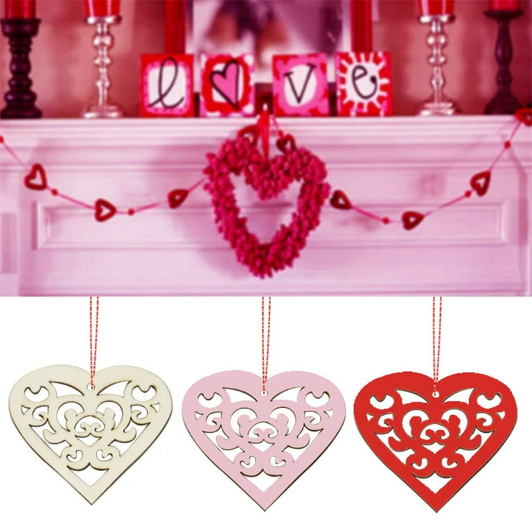 40 Pieces Valentine's Day Wooden Heart Ornaments Heart Wooden Embellishment  Wood Tags Love Heart Hanging Ornament Wedding Crafts Decorations, Red and