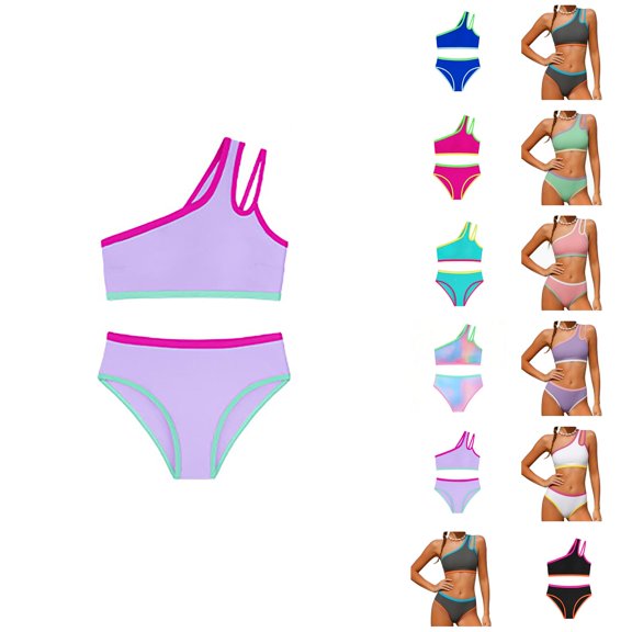 Girls Swimsuit Two Piece One Shoulder Bathing With Chest Pad Color Bikini 7 16 Years