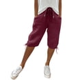 thumbnail image 3 of Women's Drawstring Cargo Capri Shorts with Pockets, High Waist Elastic Waist Casual Bermuda Shorts, Adjustable Hem Athletic Lounge Hiking Shorts for Travel Everyday Wear Wine 2XL, 3 of 8