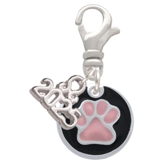 Delight Jewelry Silver-tone Pink Paw on Black Disc - Silver-tone Clip on Charm with Mini Year 2025