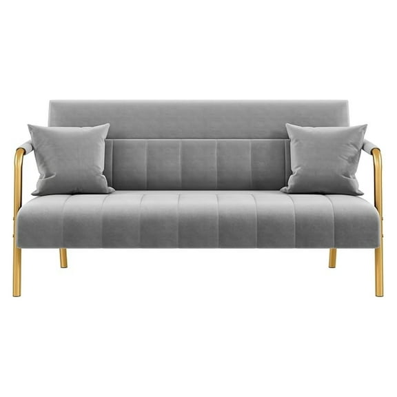 56.5" W Modern Sofa Small Sofa Luxurious Fabric Couch with -Tone Metal Arms and Legs for Living Room, Home Office, Studio Light Gray