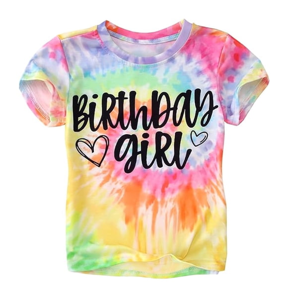 Tiijoy Toddler Girls Birthday T Shirt Tie Dye Letter Print Short Sleeve T-Shirt, Sizes 4-5T