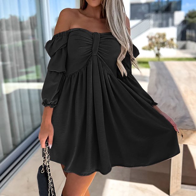 Gspmoly Robes pour Femmes, Mode Femmes Décontractée Unie Manches 3/4 Épaules à Volants Robe Courte Robe de Cocktail jusqu'à 65 % de Rabais