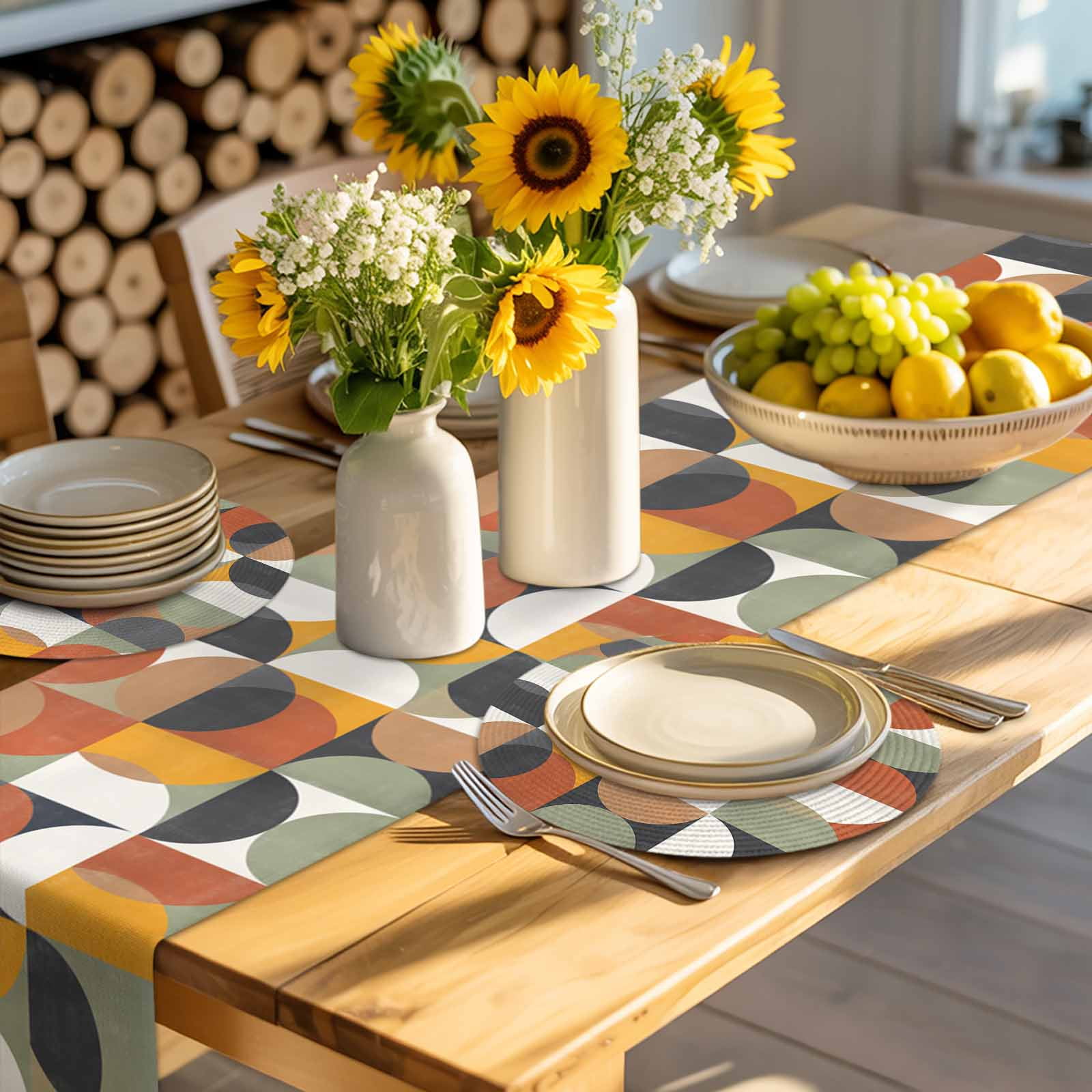 Mid-century Modern Round Table Placemats set of 4, Vintage Color Abstract Geometric Pattern Washable Woven Place Mats for Dining Tables Kitchen Party Decor,Heat Proof, 13in,