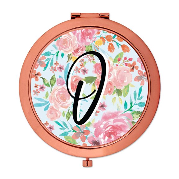 Koyal Wholesale Compact Mirror Bridesmaid's Wedding Gift, Rose Gold, Monogram Letter O, Tea Party Pink Floral Flowers