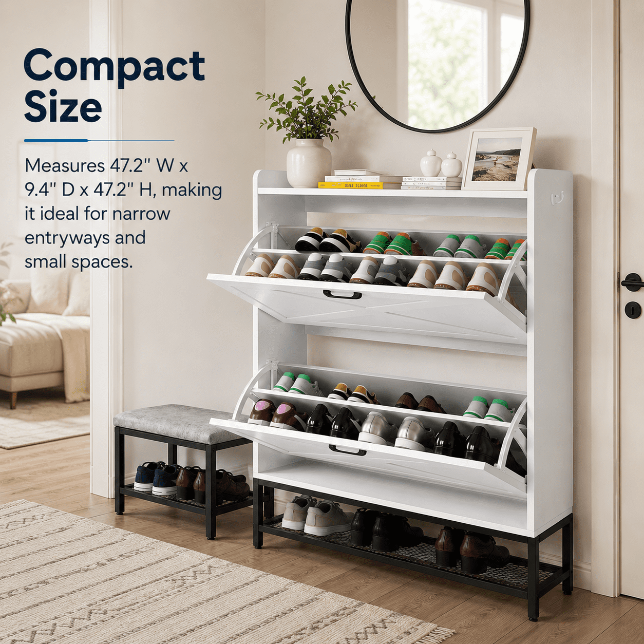 Alvantor Shoe Cabinet with Bench, 2 Flip-Down Barn Doors, Holds 12-16 Pairs, 47.2" W, White