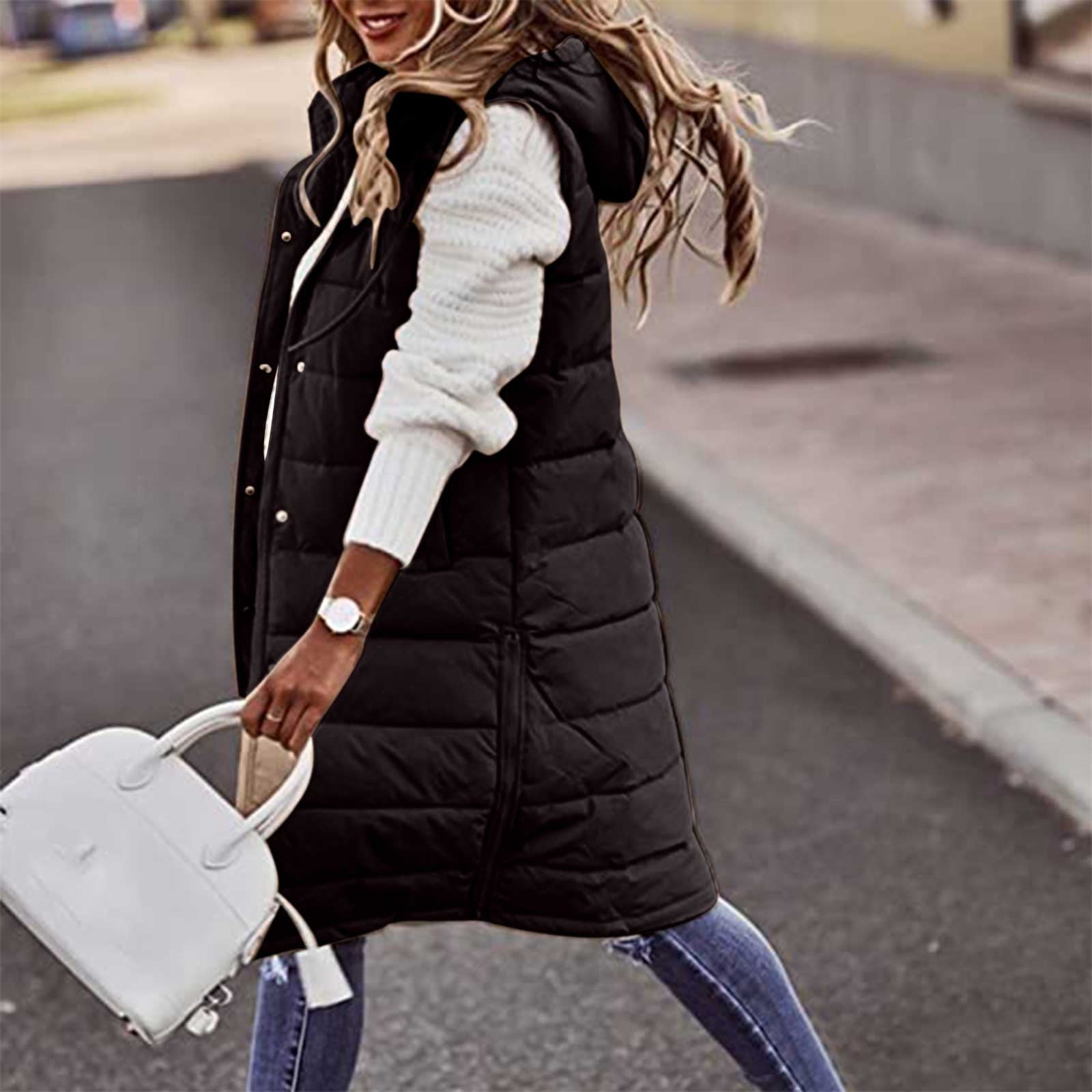 AherBiu Puffer Vests for Women Mid Long Padded Quilted Vest Zip up Hooded Sleeveless Winter Coats Walmart