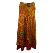 Mogul Womens Long Skirts Vintage Silk Sari Orange Printed Two Layer Beach Sundress