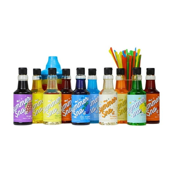 Paragon Summer Sno Snow Cone Syrup 10 Pack  100 Cups and 100 Straws - All Flavors