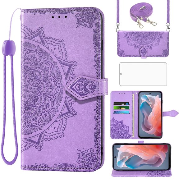 Asuwish Screen Protector Included Mandala Flower Hard Shell Wallet Cell Phone Case with Tempered Glass Screen Protector for Motorola Moto G Play 2024 4G, Purple
