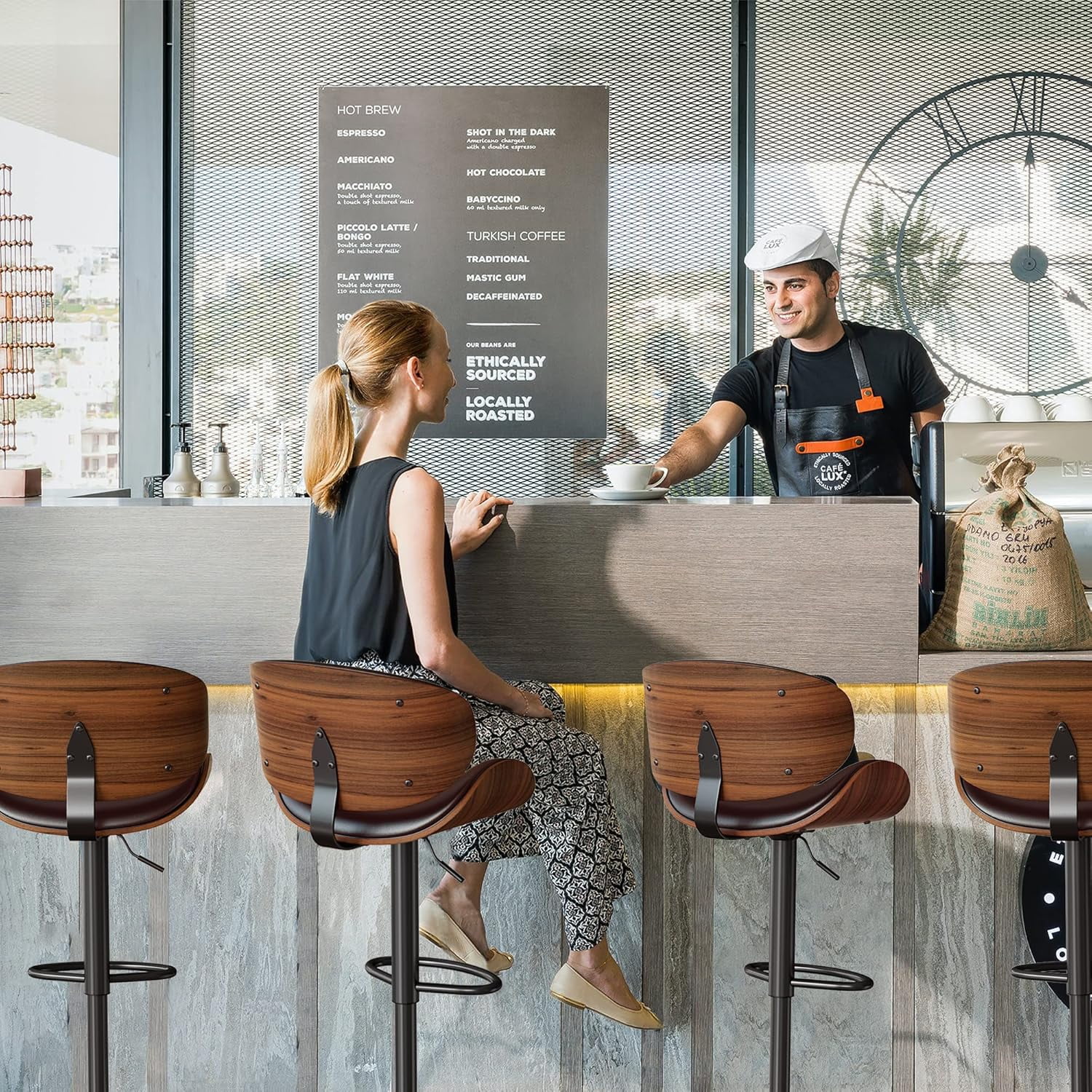 Bar Stools Adjustable Swivel Barstools Counter Stools with Back Sets of 2, Mid-Century Modern PU Leather Upholstered Counter Height Barstools, Kitchen Island Bar Chairs, Brown