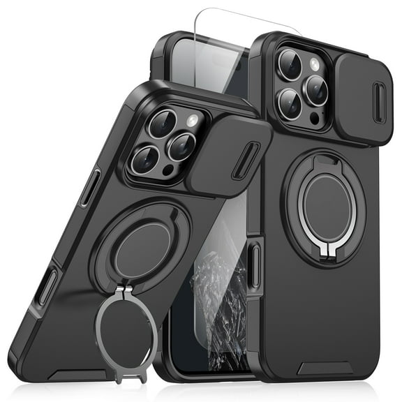 Allytechgroup for iPhone 16 Pro Max Case with Stand, [Slide Camera Cover] with 1X Screen Protectors Heavy Drop Shockproof Protective Cover for Women Men, Black