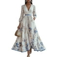 thumbnail image 3 of Women'S V Neck Floral Printed Pleated Dress Long Sleeve Flowy A Line Party Maxi Cocktail Dresses White L, 3 of 7