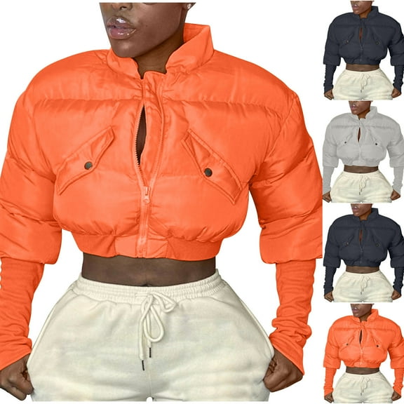 Jinhomg Fall Crop Coat for Women Casual Comfy Long Sleeve Full-Zip Puffer Jacket Slim Fit Thermal Outerwear with Pockets Sales Today Clearance Black M