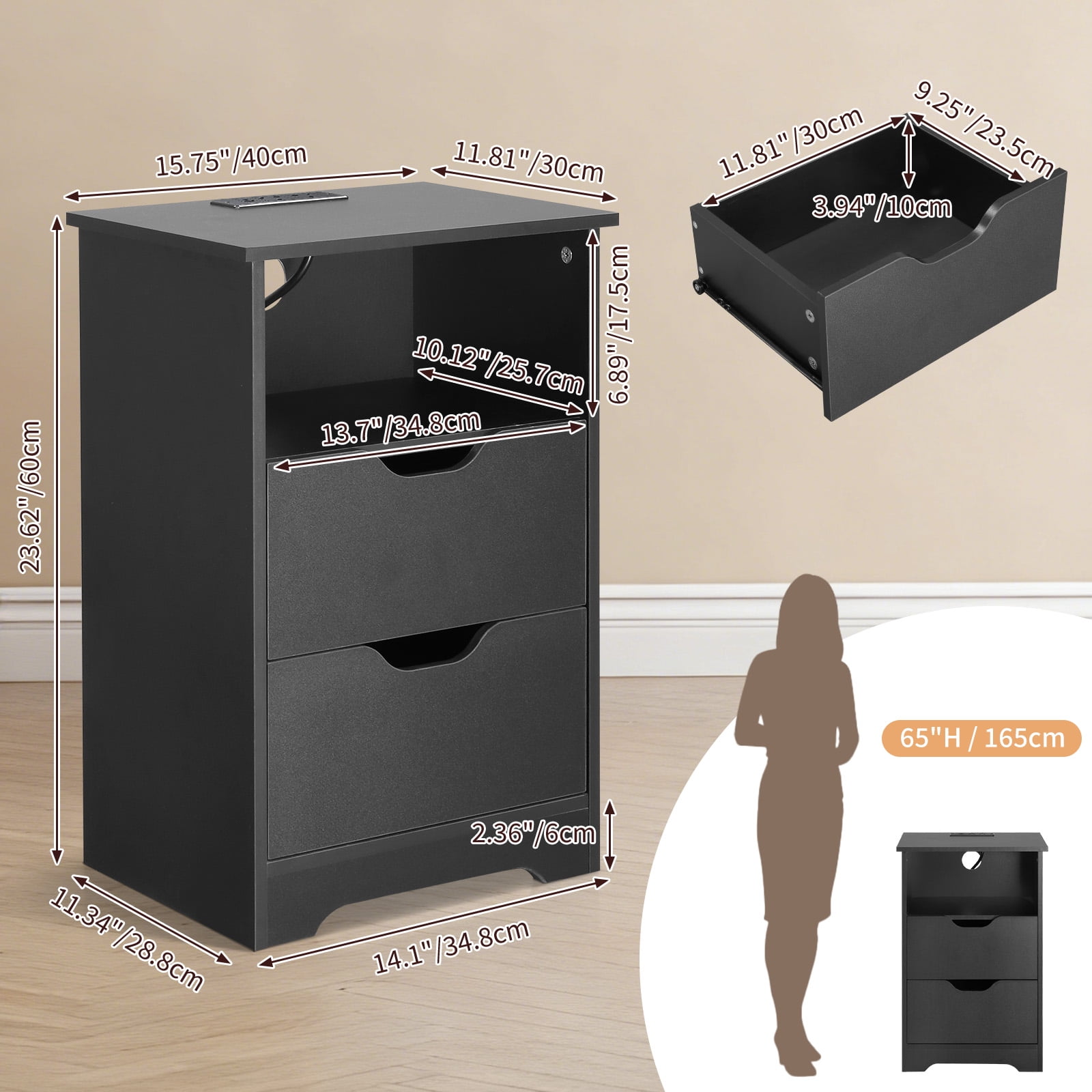 Ktaxon Set of 1 NightStand with Charging Station BedsideTable with 2 Storage Drawers,End Side for Bedroom,Country Style Black