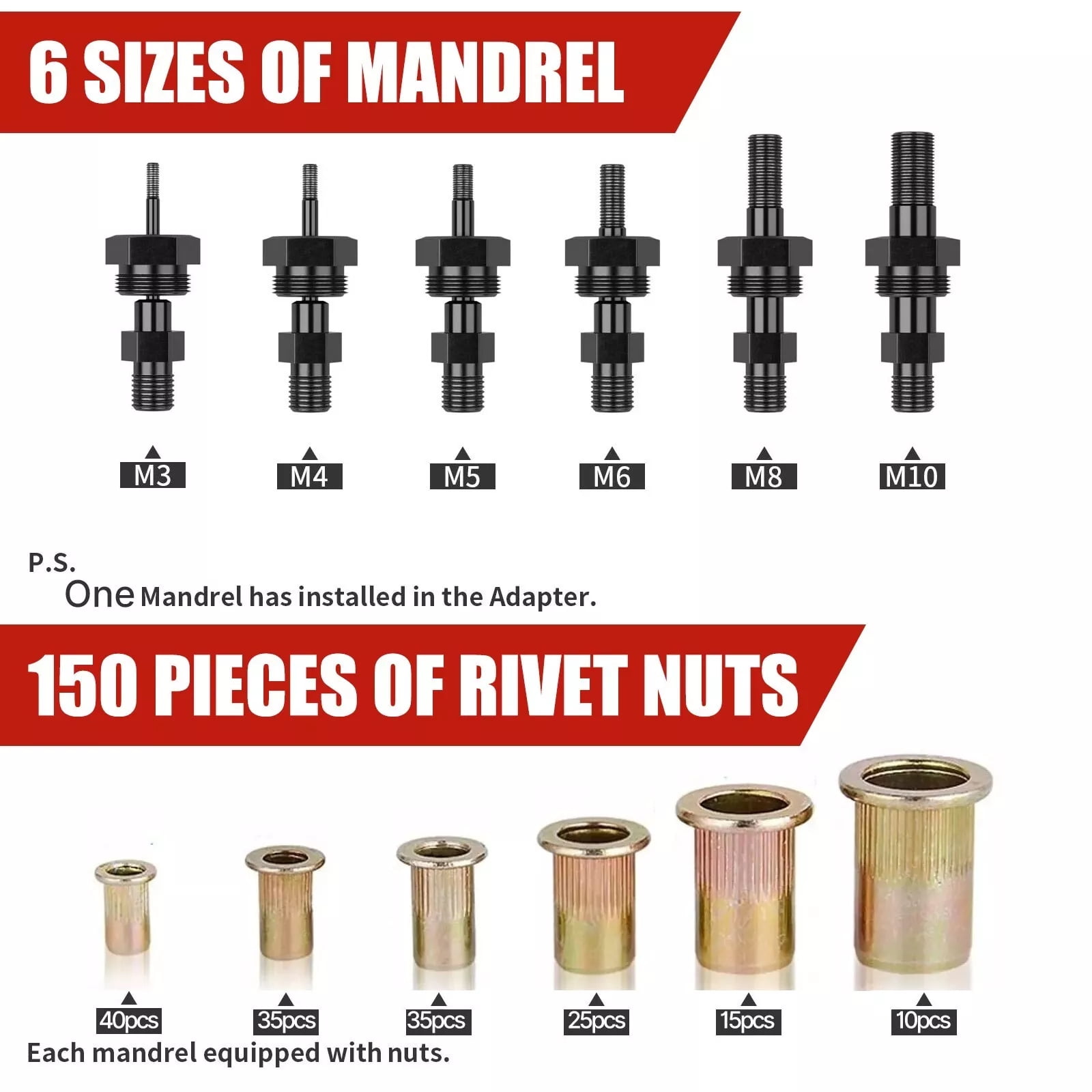 iMeshbean Pneumatic Drill Electric Rivet Nut Gun Adapter Riveter Rivnut M3-M10 150pcs