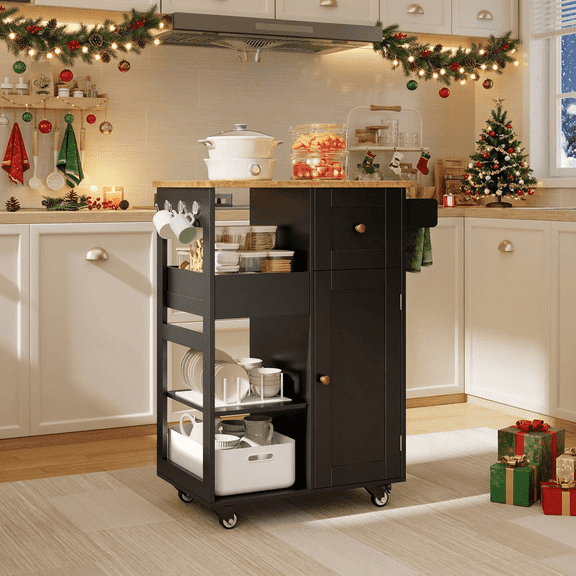 Aiho 17.7" x 33" Kitchen Island Cart with Storage,Rolling Kitchen Island Side Table on Wheels with Worktop,Spice Rack ,Adjustable Shelves and Drawer for Kitchen,Dining Room - Black